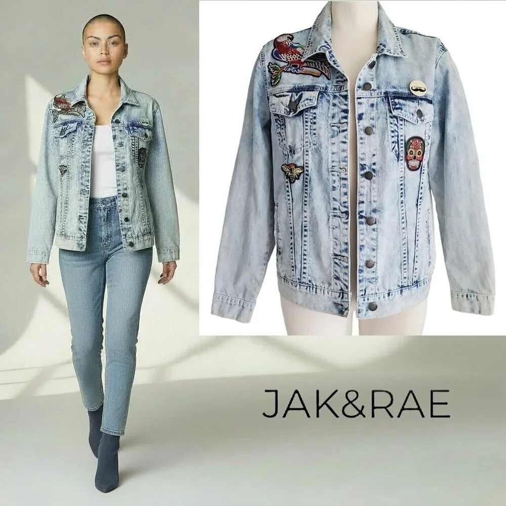 Jak & Rae Acid Wash Saks 5th Ave Very Rare Vintage Y2K Jean Jacket Patches S